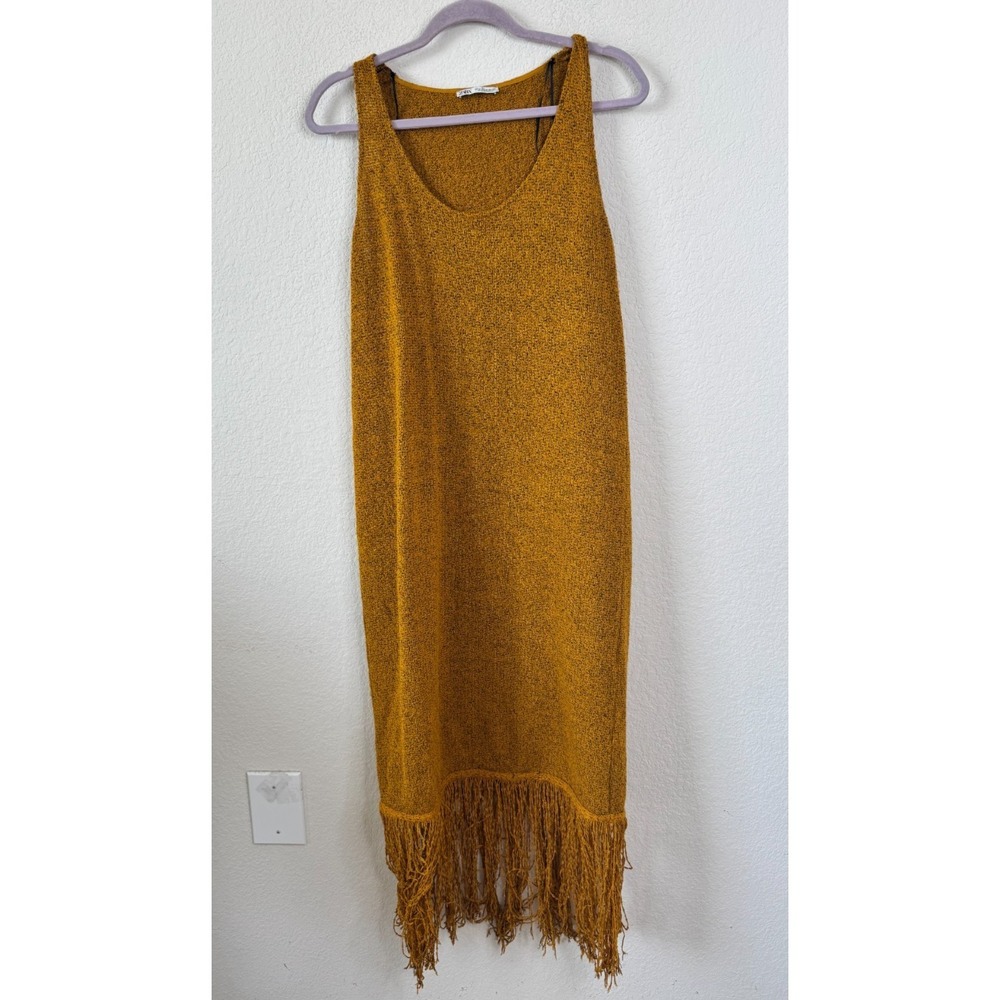 ZARA Knit Fringe Midi Dress Women's M Mustard Yellow Sleeveless Boho Statement - Picture 4 of 9